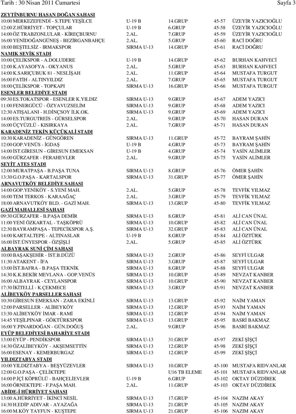 GRUP 45-60 RACİ DOĞRU 18:00 BEŞTELSİZ - IRMAKSPOR SIRMA U-13 14.GRUP 45-61 RACİ DOĞRU NAMIK SEVİK STADI 10:00 ÇELİKSPOR - A.DOLUDERE U-19 B 14.GRUP 45-62 BURHAN KAHVECİ 12:00 K.AYASOFYA - OKYANUS 2.
