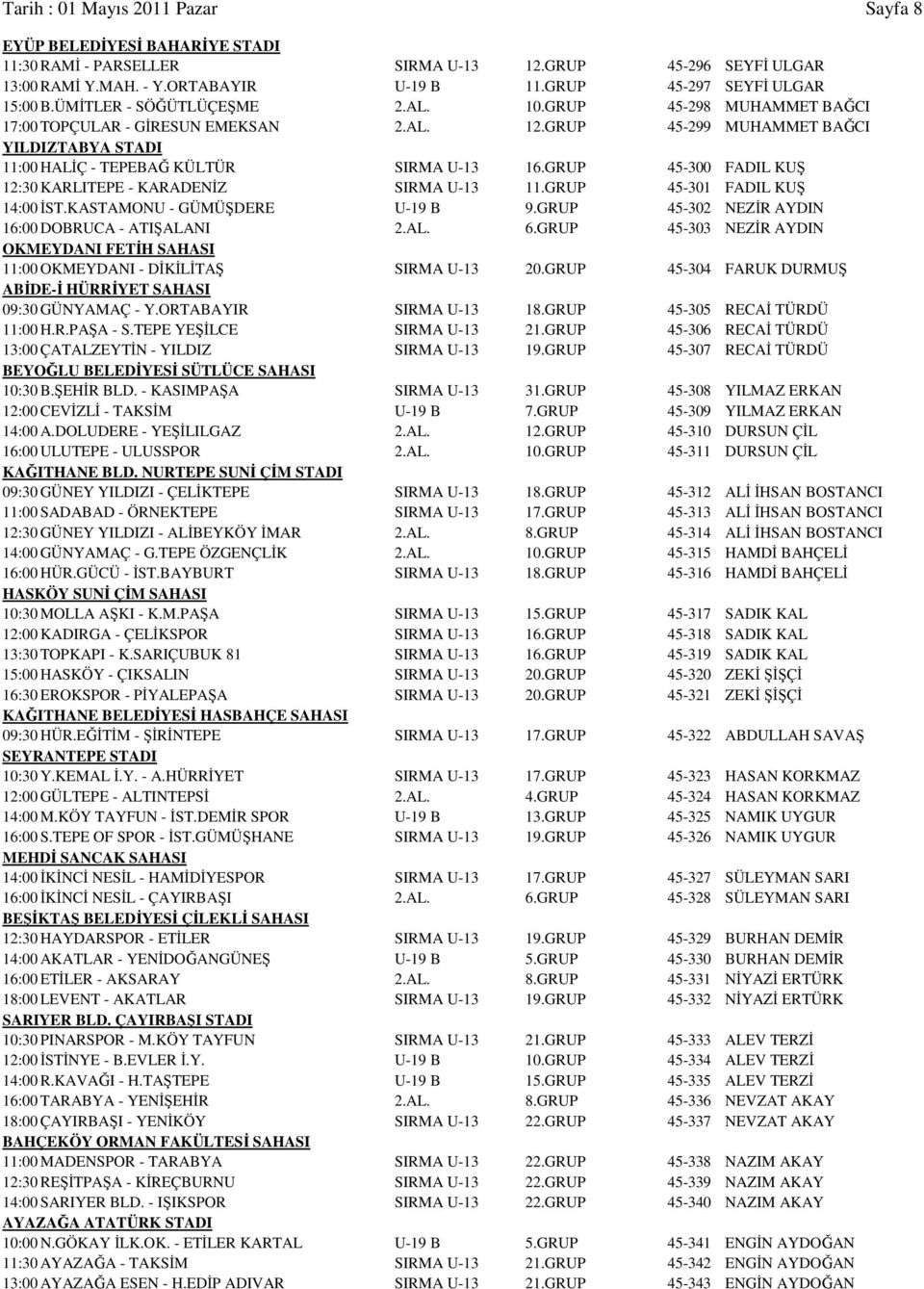 GRUP 45-299 MUHAMMET BAĞCI YILDIZTABYA STADI 11:00 HALİÇ - TEPEBAĞ KÜLTÜR SIRMA U-13 16.GRUP 45-300 FADIL KUŞ 12:30 KARLITEPE - KARADENİZ SIRMA U-13 11.GRUP 45-301 FADIL KUŞ 14:00 İST.