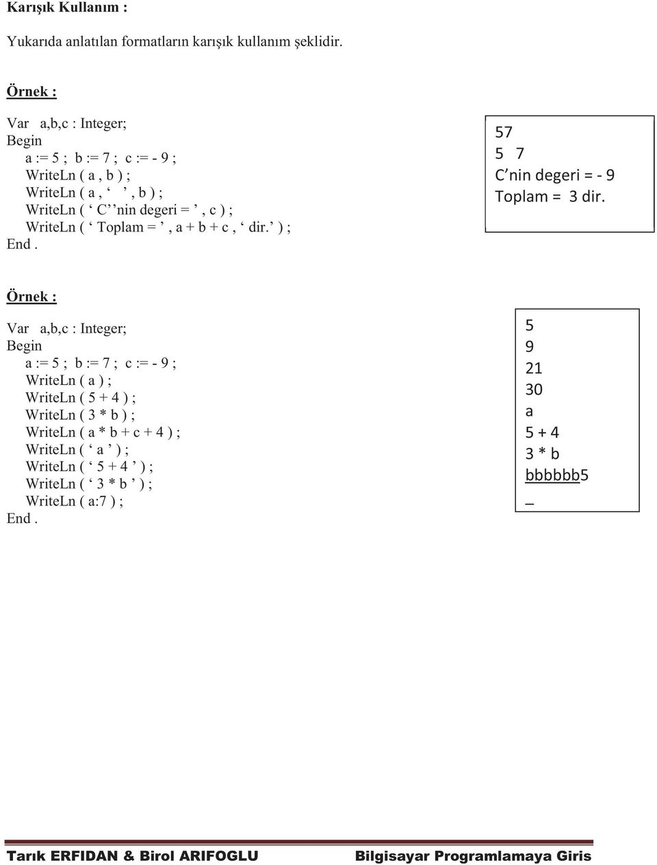 ( Toplam =, a + b + c, dir. ) ; End. 57 5 7 C nin degeri = - 9 Toplam = 3 dir.