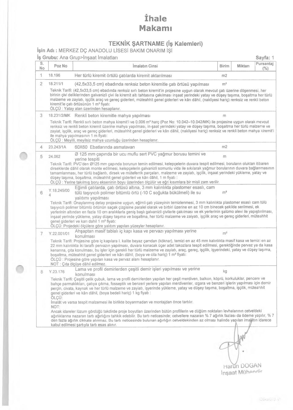 211/1 (42,5x33,5 cm) ebadında renksiz beton kiremitle çatı örtüsü yapılması m2 Teknik Tarifi: (42,5x33,5 cm) ebadında renksiz sırlı beton kiremit in projesine uygun olarak mevcut çatı üzerine