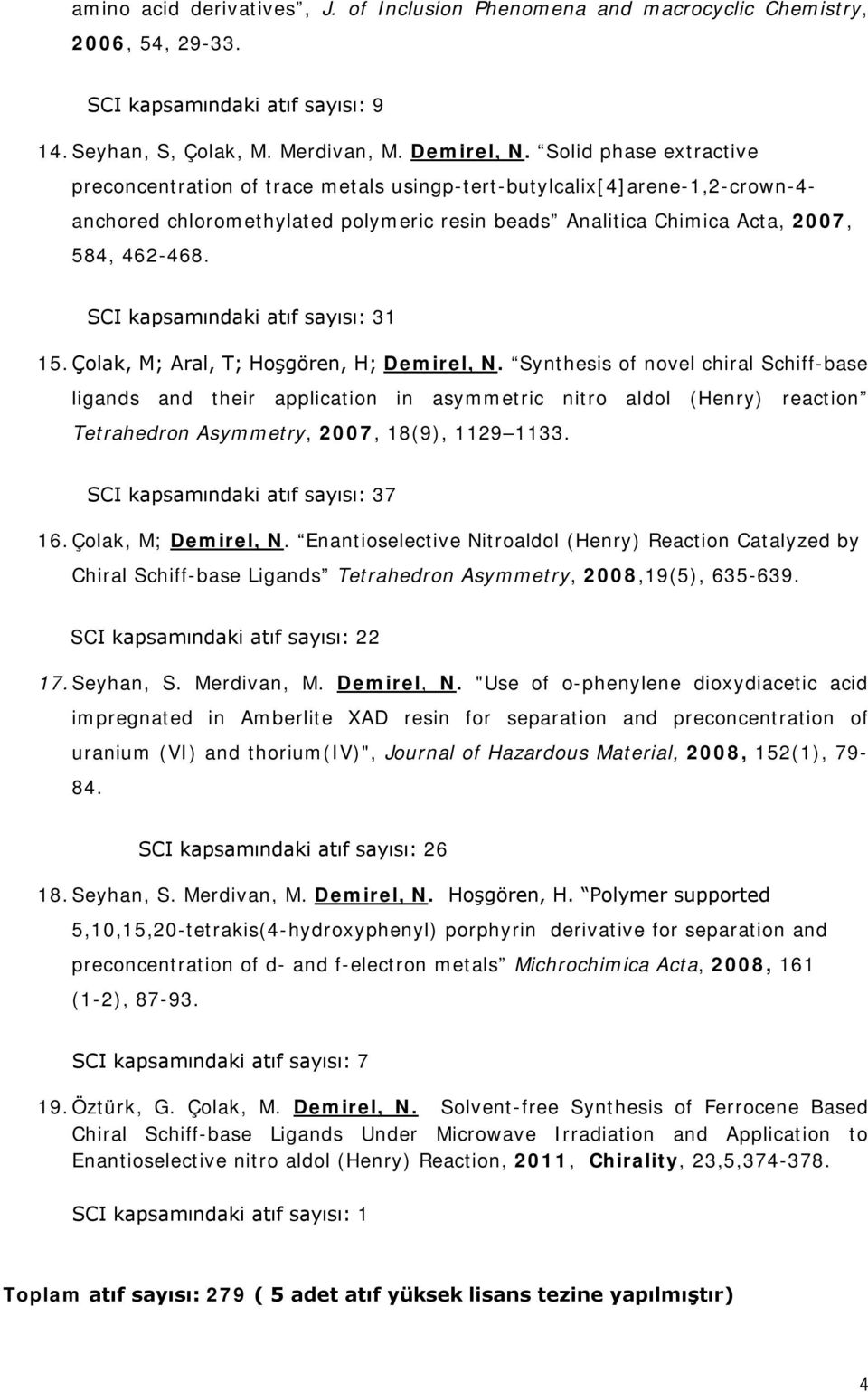 SCI kapsamındaki atıf sayısı: 31 15. Çolak, M; Aral, T; Hoşgören, H; Demirel, N.