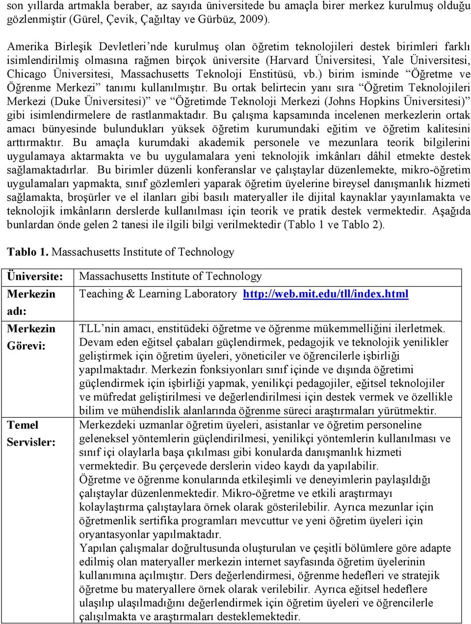 Üniversitesi, Massachusetts Teknoloji Enstitüsü, vb.) birim isminde Öğretme ve Öğrenme Merkezi tanımı kullanılmıştır.