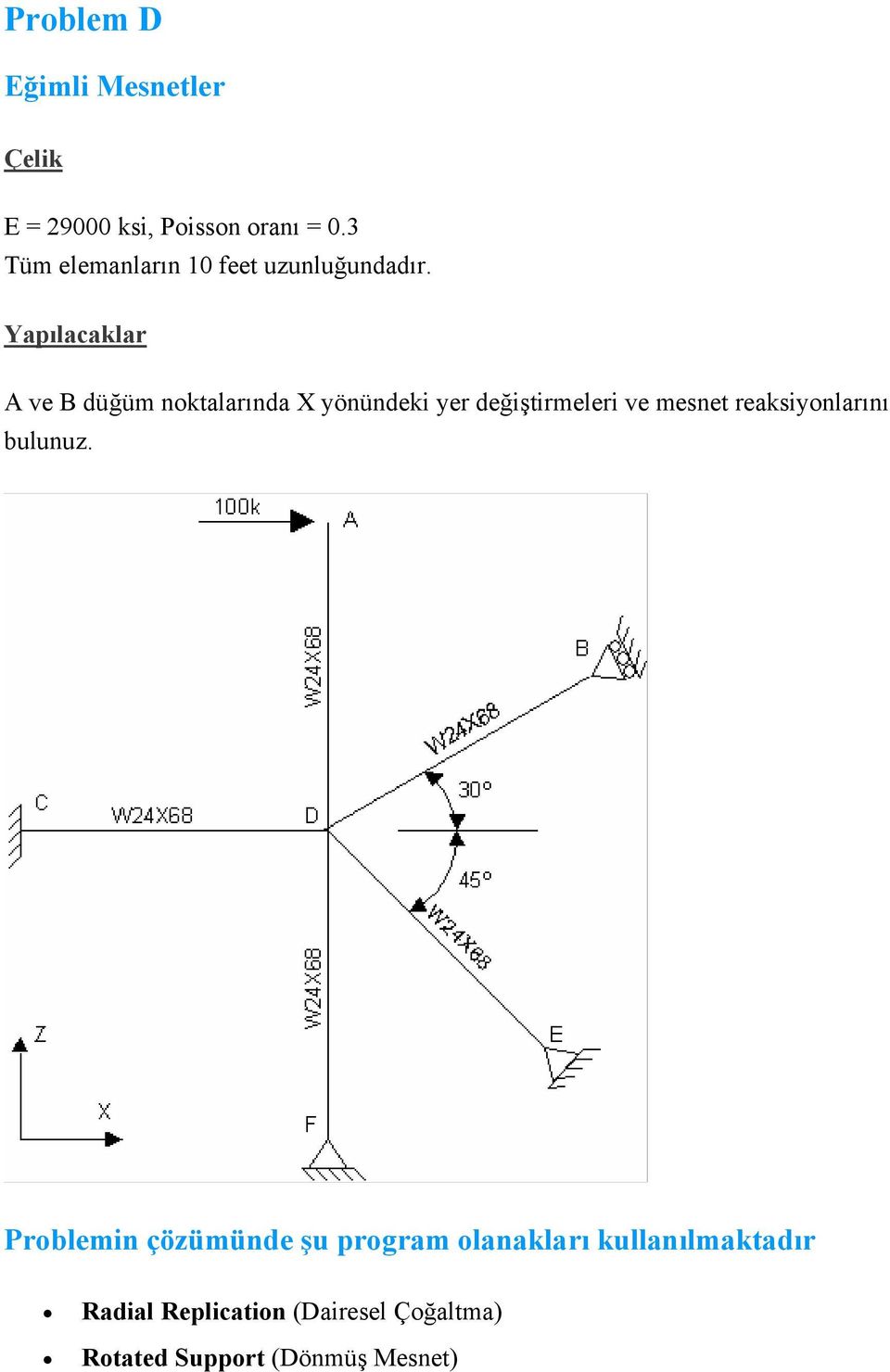 Yapılacaklar A ve B düğüm noktalarında X yönündeki yer değiştirmeleri ve mesnet