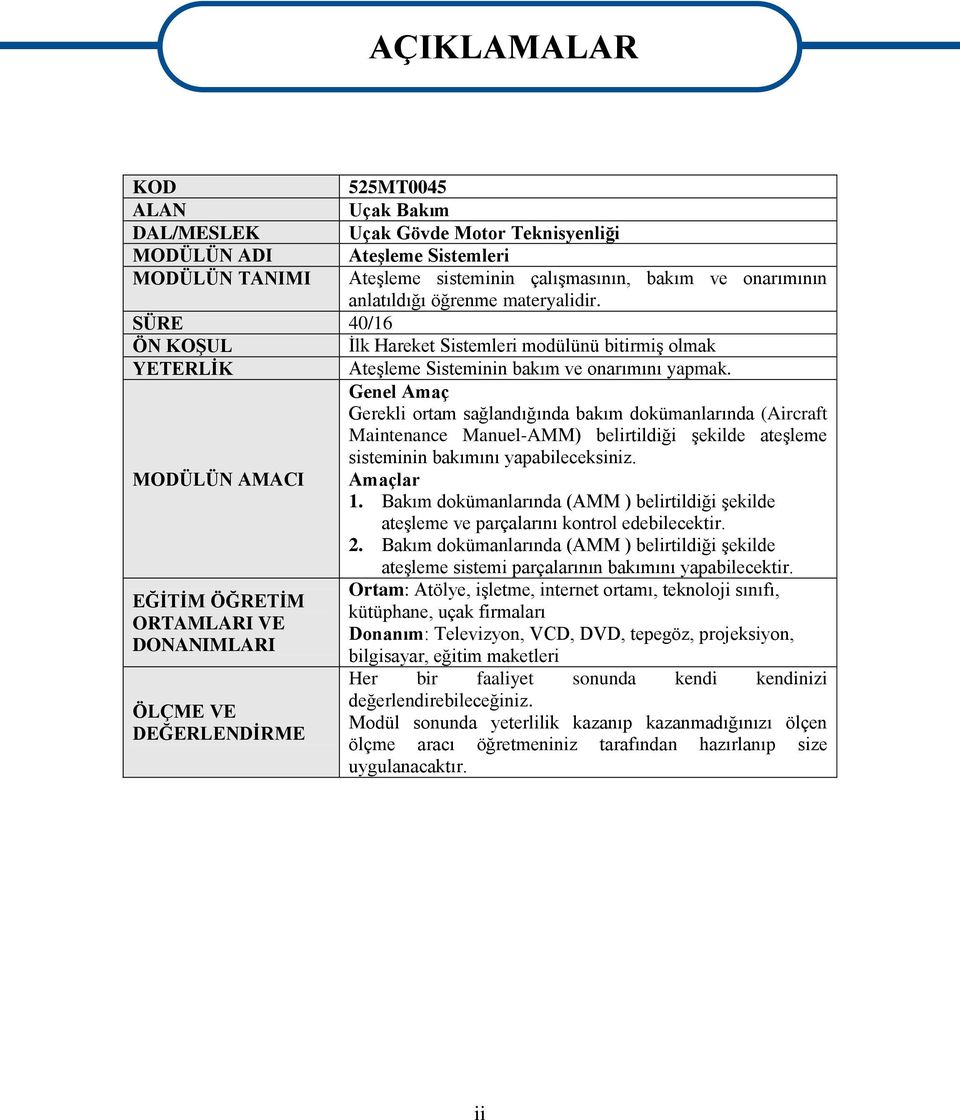 Genel Amaç Gerekli ortam sağlandığında bakım dokümanlarında (Aircraft Maintenance Manuel-AMM) belirtildiği Ģekilde ateģleme sisteminin bakımını yapabileceksiniz. MODÜLÜN AMACI Amaçlar 1.