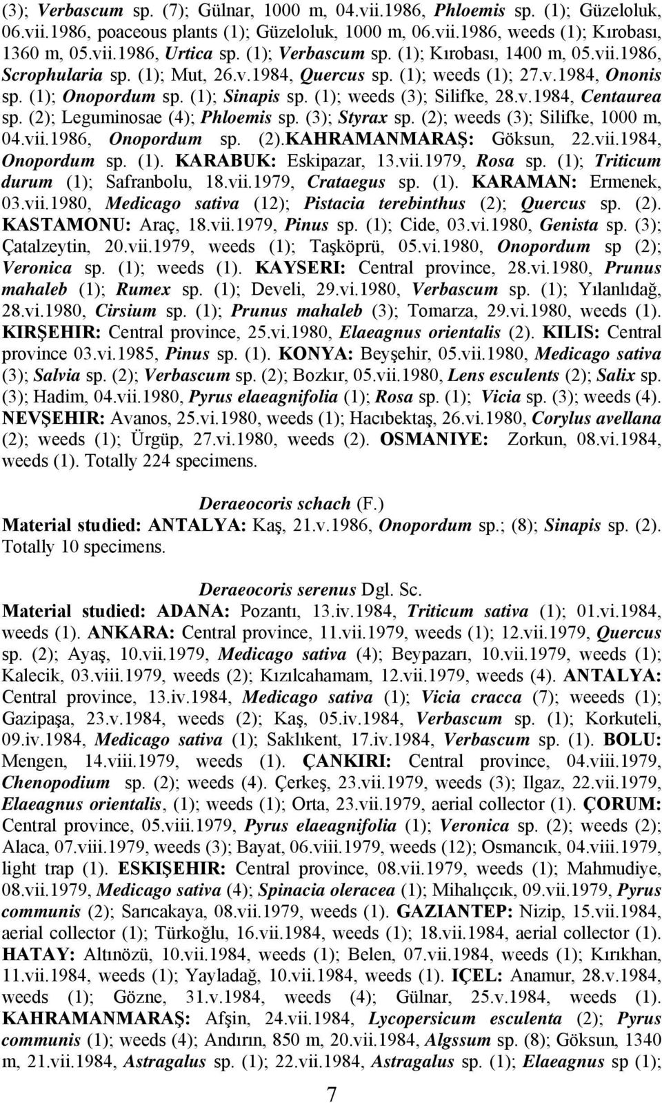 (1); weeds (3); Silifke, 28.v.1984, Centaurea sp. (2); Leguminosae (4); Phloemis sp. (3); Styrax sp. (2); weeds (3); Silifke, 1000 m, 04.vii.1986, Onopordum sp. (2).KAHRAMANMARAŞ: Göksun, 22.vii.1984, Onopordum sp.