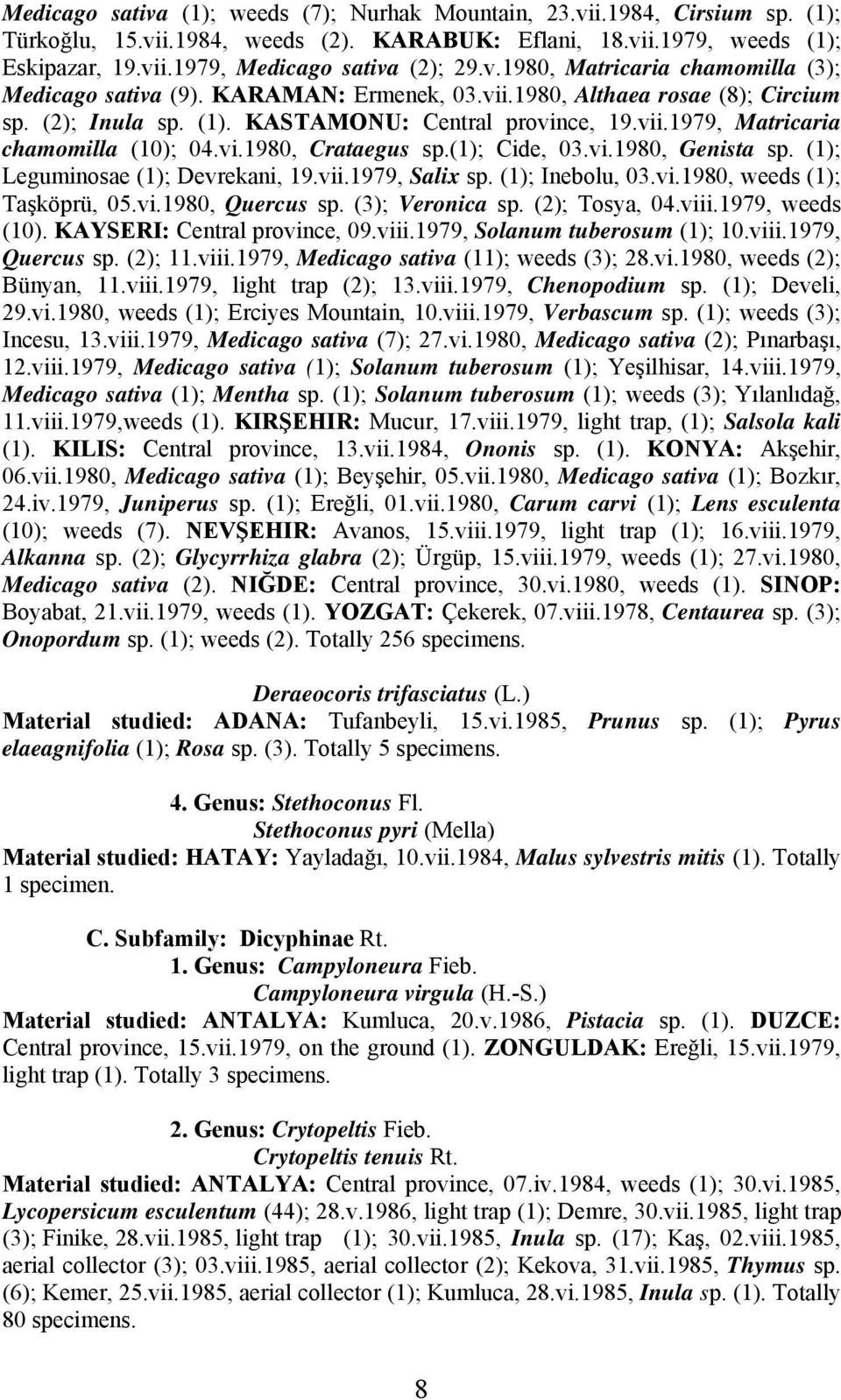 vi.1980, Crataegus sp.(1); Cide, 03.vi.1980, Genista sp. (1); Leguminosae (1); Devrekani, 19.vii.1979, Salix sp. (1); Inebolu, 03.vi.1980, weeds (1); Taşköprü, 05.vi.1980, Quercus sp.