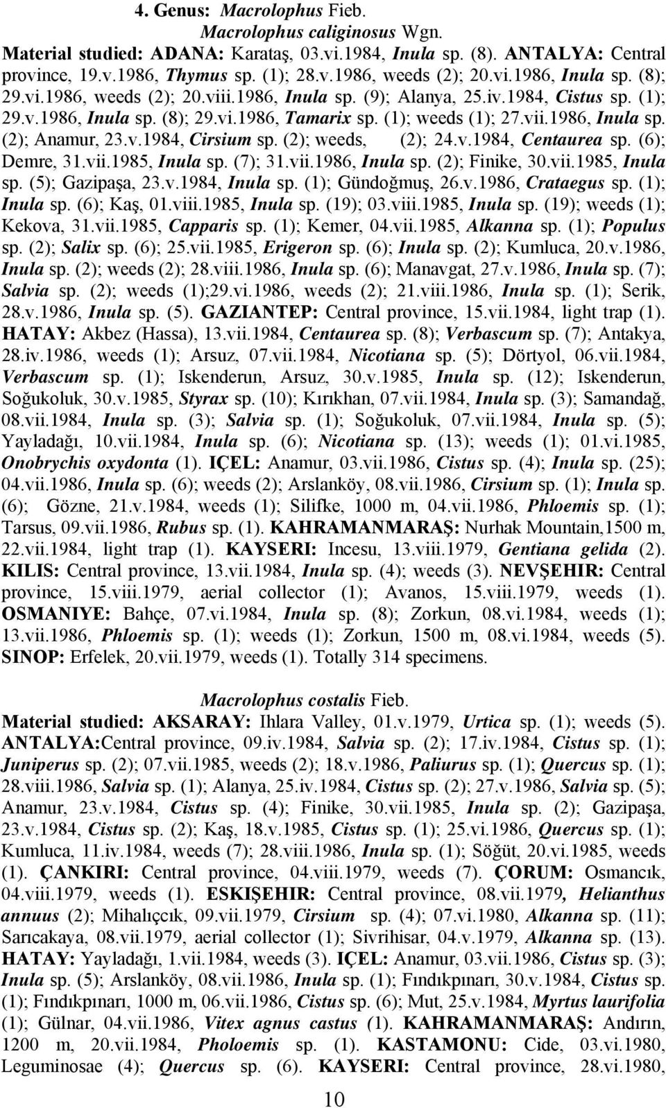 (2); weeds, (2); 24.v.1984, Centaurea sp. (6); Demre, 31.vii.1985, Inula sp. (7); 31.vii.1986, Inula sp. (2); Finike, 30.vii.1985, Inula sp. (5); Gazipaşa, 23.v.1984, Inula sp. (1); Gündoğmuş, 26.v.1986, Crataegus sp.