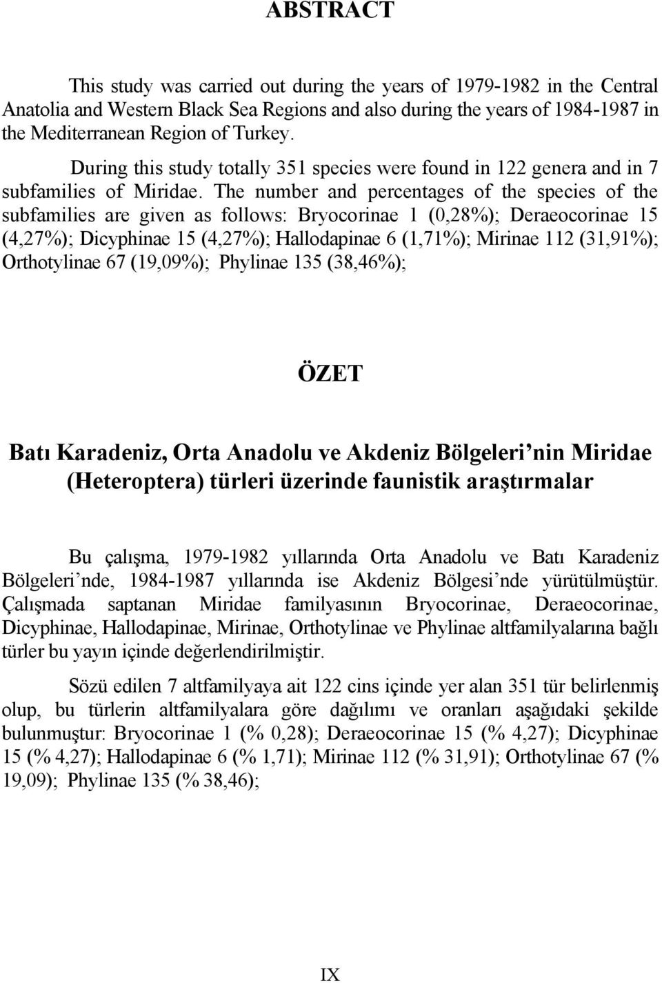 The number and percentages of the species of the subfamilies are given as follows: Bryocorinae 1 (0,28%); Deraeocorinae 15 (4,27%); Dicyphinae 15 (4,27%); Hallodapinae 6 (1,71%); Mirinae 112