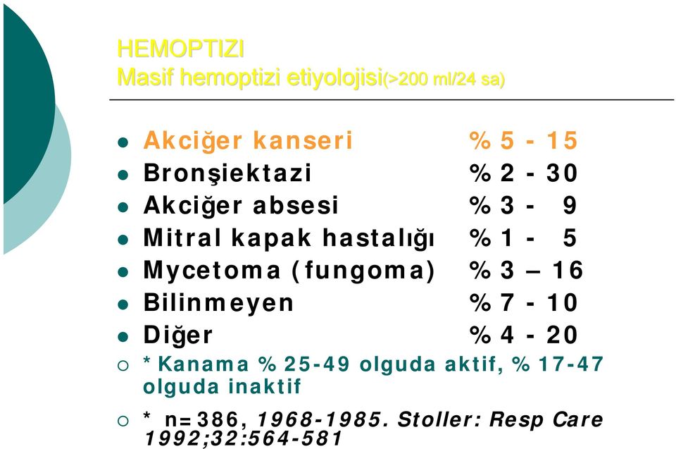 %1-5 Mycetoma (fungoma) %3 16 Bilinmeyen %7-10 Diğer %4-20 *Kanama %25-49