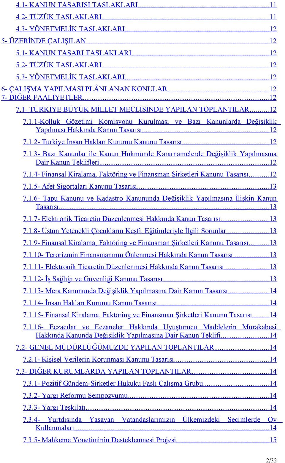 .. 12 7.1.2- Türkiye İnsan Hakları Kurumu Kanunu Tasarısı... 12 7.1.3- Bazı Kanunlar ile Kanun Hükmünde Kararnamelerde Değişiklik Yapılmasına Dair Kanun Teklifleri... 12 7.1.4- Finansal Kiralama, Faktöring ve Finansman Şirketleri Kanunu Tasarısı.