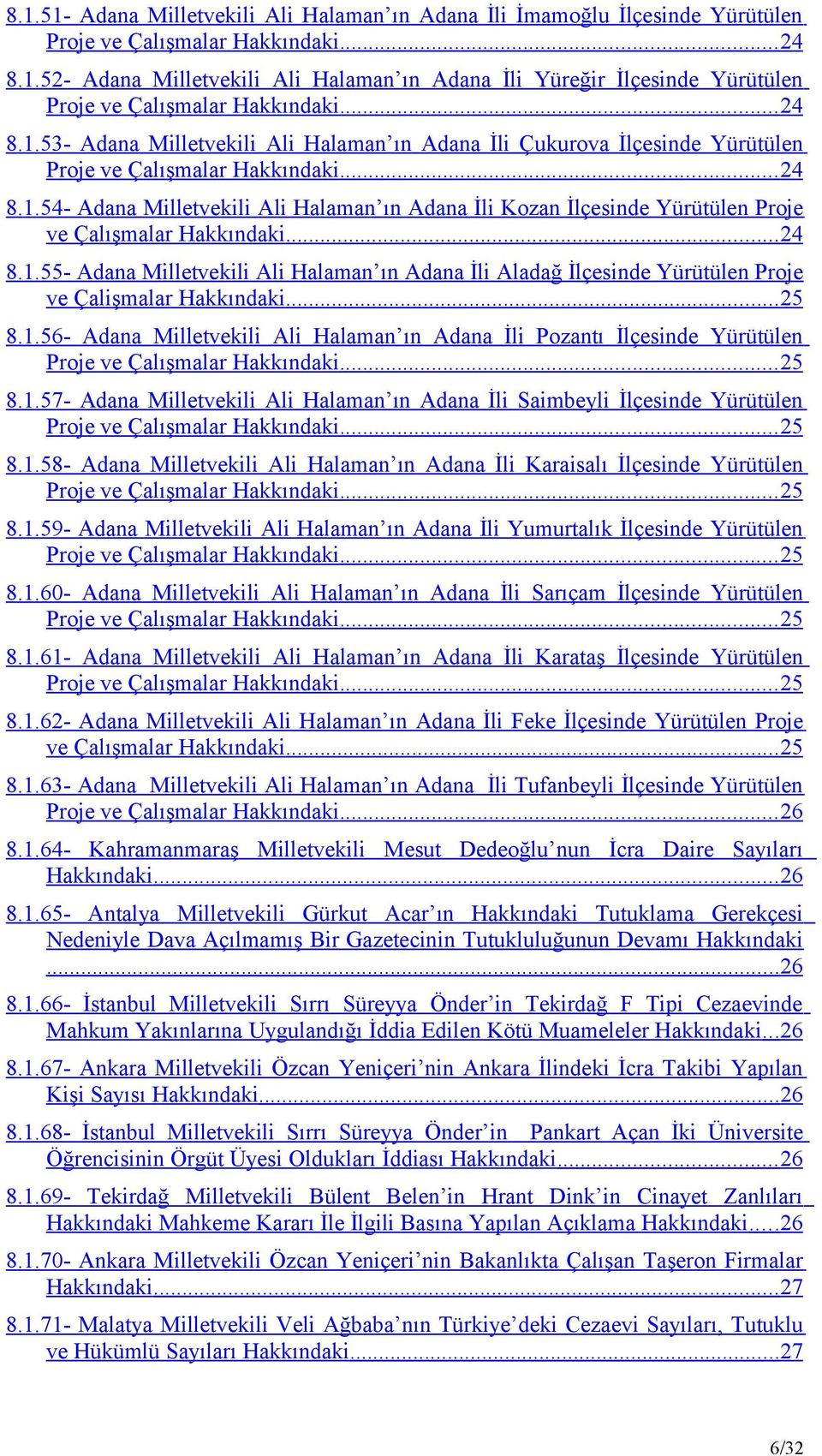 .. 24 8.1.55- Adana Milletvekili Ali Halaman ın Adana İli Aladağ İlçesinde Yürütülen Proje ve Çalişmalar Hakkındaki... 25 8.1.56- Adana Milletvekili Ali Halaman ın Adana İli Pozantı İlçesinde Yürütülen Proje ve Çalışmalar Hakkındaki.