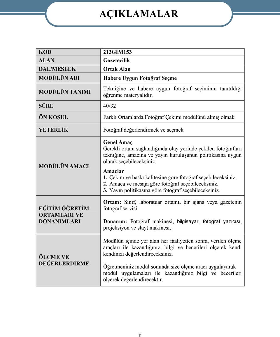 SÜRE 40/32 ÖN KOŞUL YETERLİK MODÜLÜN AMACI EĞİTİM ÖĞRETİM ORTAMLARI VE DONANIMLARI ÖLÇME VE DEĞERLERDİRME Farklı Ortamlarda Fotoğraf Çekimi modülünü almış olmak Fotoğraf değerlendirmek ve seçmek