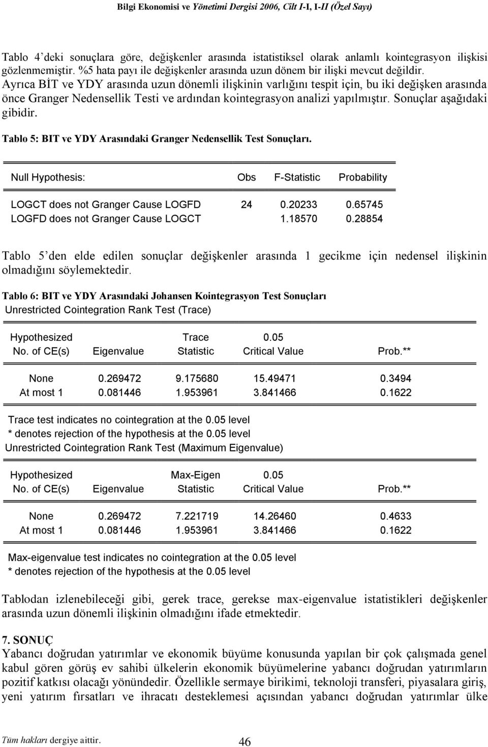 Ayrıca BİT ve YDY arasında uzun dönemli ilişkinin varlığını tespit için, bu iki değişken arasında önce Granger Nedensellik Testi ve ardından kointegrasyon analizi yapılmıştır.