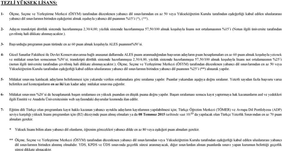 2- Adayın transkripti dörtlük sistemde hazırlanmıģsa 2,30/4,00; yüzlük sistemde hazırlanmıģsa 57,50/100 almak koģuluyla lisans not ortalamasının %15 i (Notun ilgili üniversite tarafından çevrilmiģ