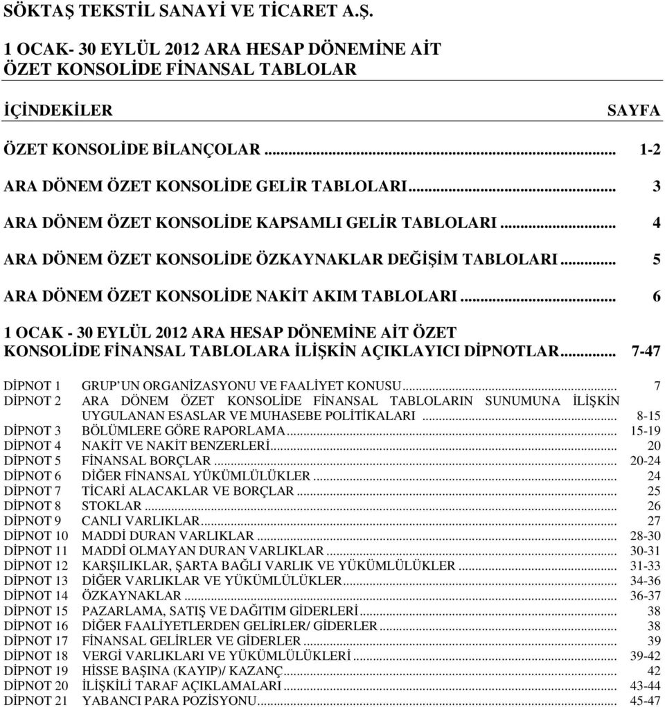 .. 6 1 OCAK - 30 EYLÜL 2012 ARA HESAP DÖNEMİNE AİT ÖZET KONSOLİDE... 7-47 DİPNOT 1 GRUP UN ORGANİZASYONU VE FAALİYET KONUSU.