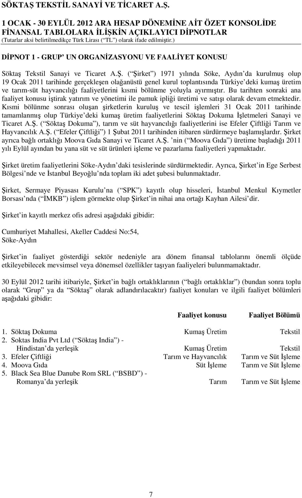 bölünme yoluyla ayırmıştır. Bu tarihten sonraki ana faaliyet konusu iştirak yatırım ve yönetimi ile pamuk ipliği üretimi ve satışı olarak devam etmektedir.