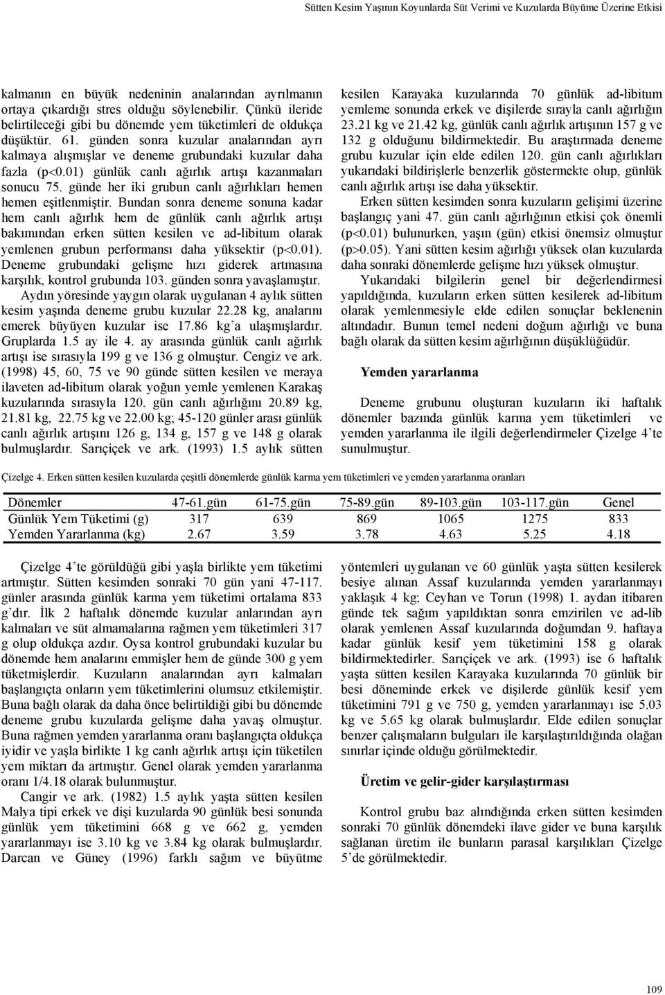 01) günlük canlı ağırlık artışı kazanmaları sonucu 75. günde her iki grubun canlı ağırlıkları hemen hemen eşitlenmiştir.