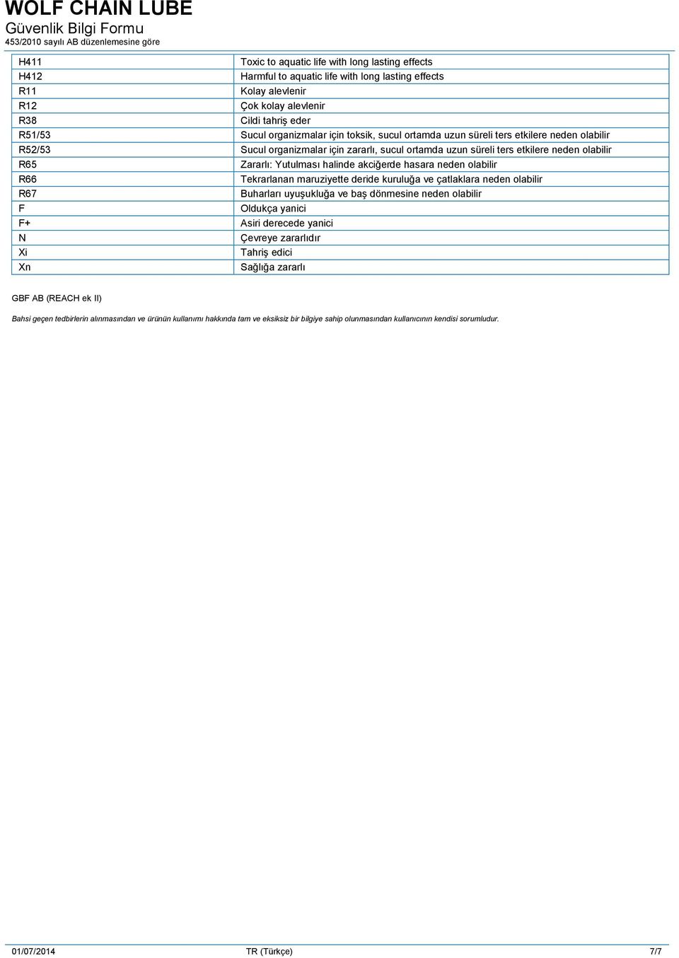 akciğerde hasara neden olabilir R66 R67 F Oldukça yanici F+ Asiri derecede yanici N Xi Xn Tekrarlanan maruziyette deride kuruluğa ve çatlaklara neden olabilir Buharları uyuşukluğa ve baş dönmesine