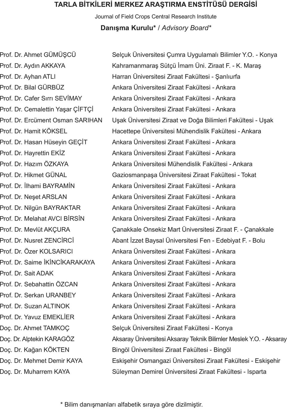 Dr. Hazım ÖZKAYA Prof. Dr. Hikmet GÜNAL Prof. Dr. İlhami BAYRAMİN Prof. Dr. Neşet ARSLAN Prof. Dr. Nilgün BAYRAKTAR Prof. Dr. Melahat AVCI BİRSİN Prof. Dr. Mevlüt AKÇURA Prof. Dr. Nusret ZENCİRCİ Prof.