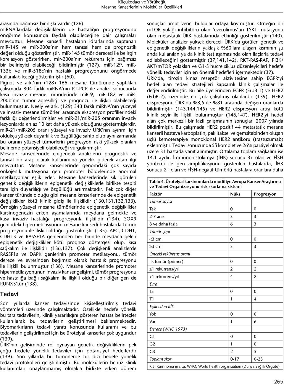 mir-145 tümör derecesi ile belirgin korelasyon gösterirken, mir-200a nın rekürrens için bağımsız bir belirleyici olabileceği bildirilmiştir (127).