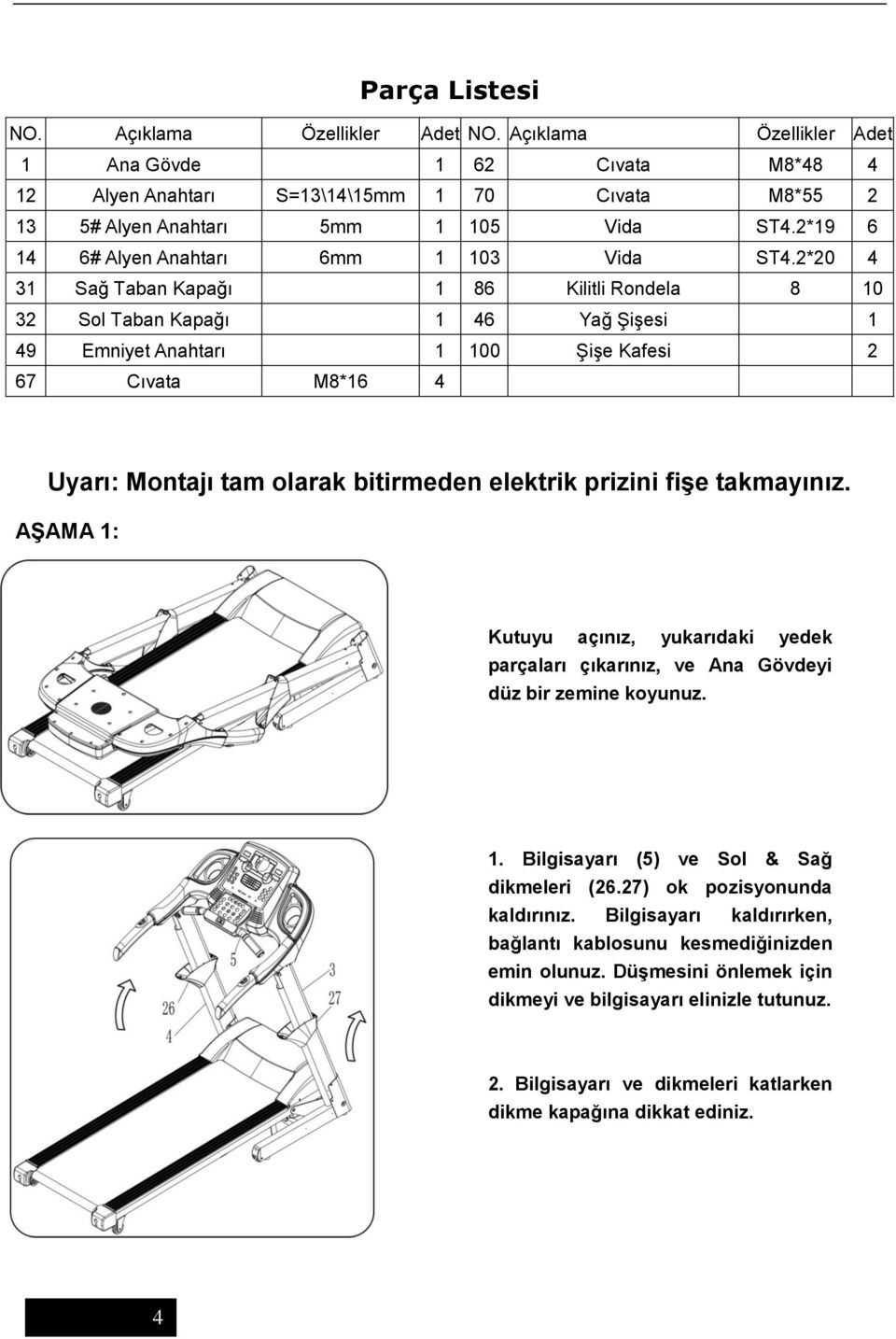 2*20 4 31 Sağ Taban Kapağı 1 86 Kilitli Rondela 8 10 32 Sol Taban Kapağı 1 46 Yağ Şişesi 1 49 Emniyet Anahtarı 1 100 Şişe Kafesi 2 67 Cıvata M8*16 4 Uyarı: Montajı tam olarak bitirmeden elektrik