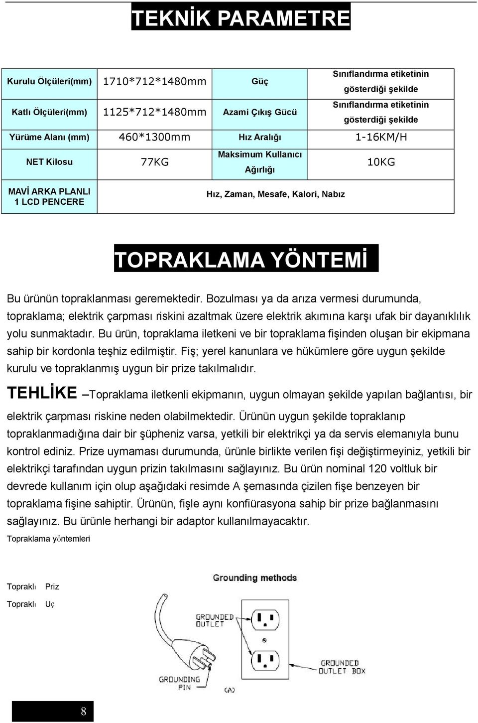 topraklanması geremektedir. Bozulması ya da arıza vermesi durumunda, topraklama; elektrik çarpması riskini azaltmak üzere elektrik akımına karşı ufak bir dayanıklılık yolu sunmaktadır.