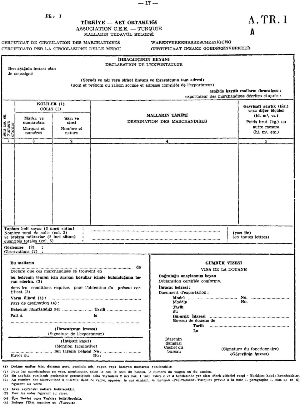 complète de l'exportateur) aşağıda kayıtlı malların ihracatçısı : exportateur des marchandises décrites ci-après : S'S 8 ta u ce IZTJ Marka ve numaraları Marques et numéros KOLİLER (1) COLIS (1) Sayı