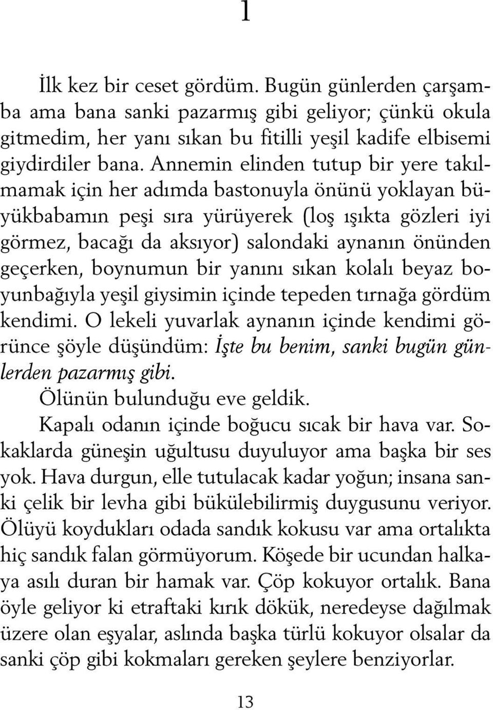 geçerken, boynumun bir yanını sıkan kolalı beyaz boyunbağıyla yeşil giysimin içinde tepeden tırnağa gördüm kendimi.