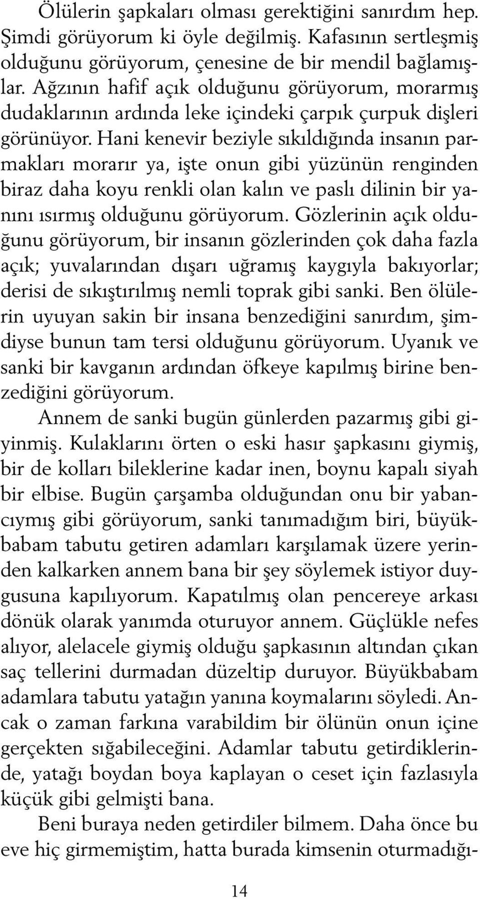 Hani kenevir beziyle sıkıldığında insanın parmakları morarır ya, işte onun gibi yüzünün renginden biraz daha koyu renkli olan kalın ve paslı dilinin bir yanını ısırmış olduğunu görüyorum.