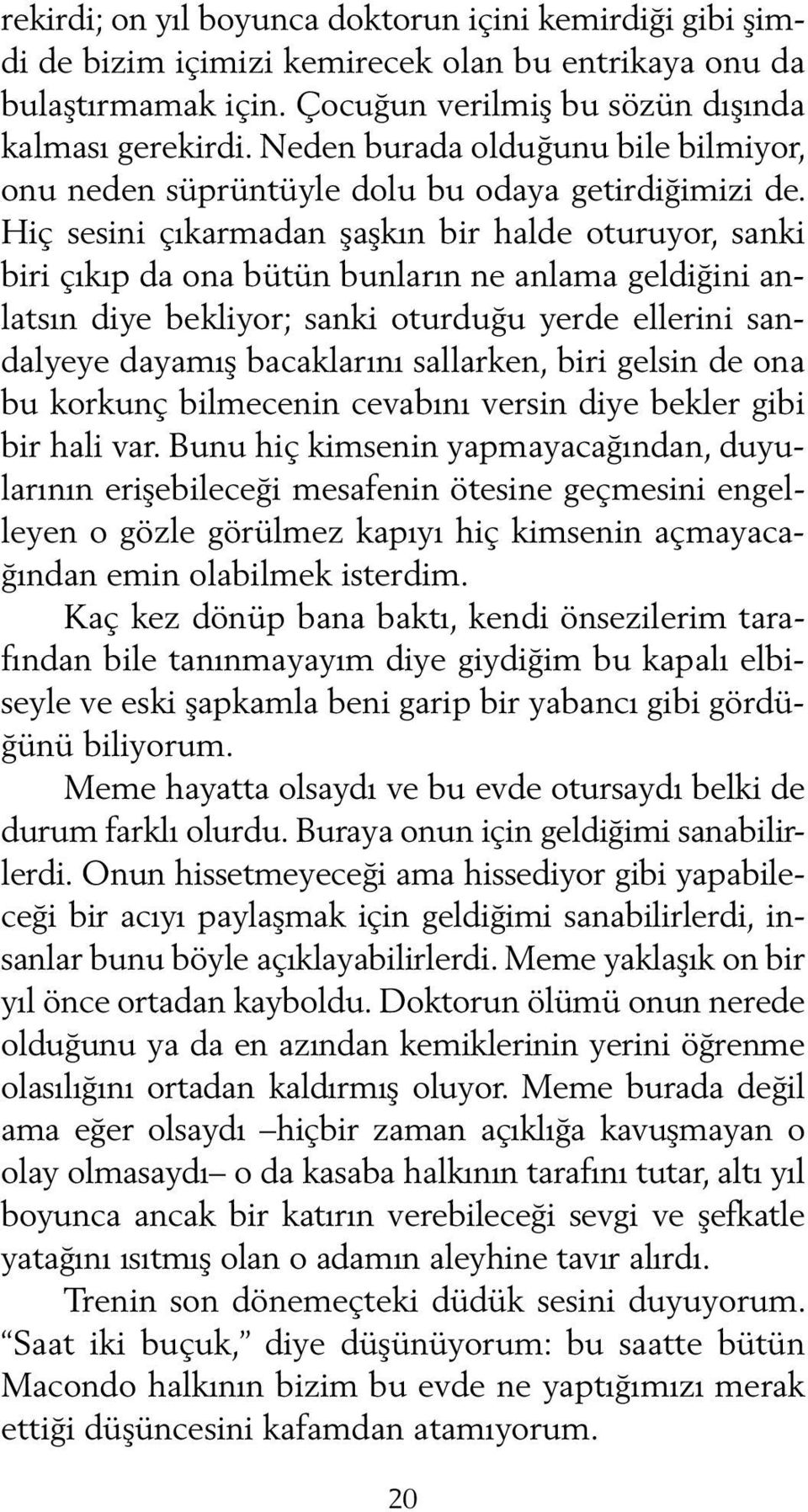 Hiç sesini çıkarmadan şaşkın bir halde oturuyor, sanki biri çıkıp da ona bütün bunların ne anlama geldiğini anlatsın diye bekliyor; sanki oturduğu yerde ellerini sandalyeye dayamış bacaklarını