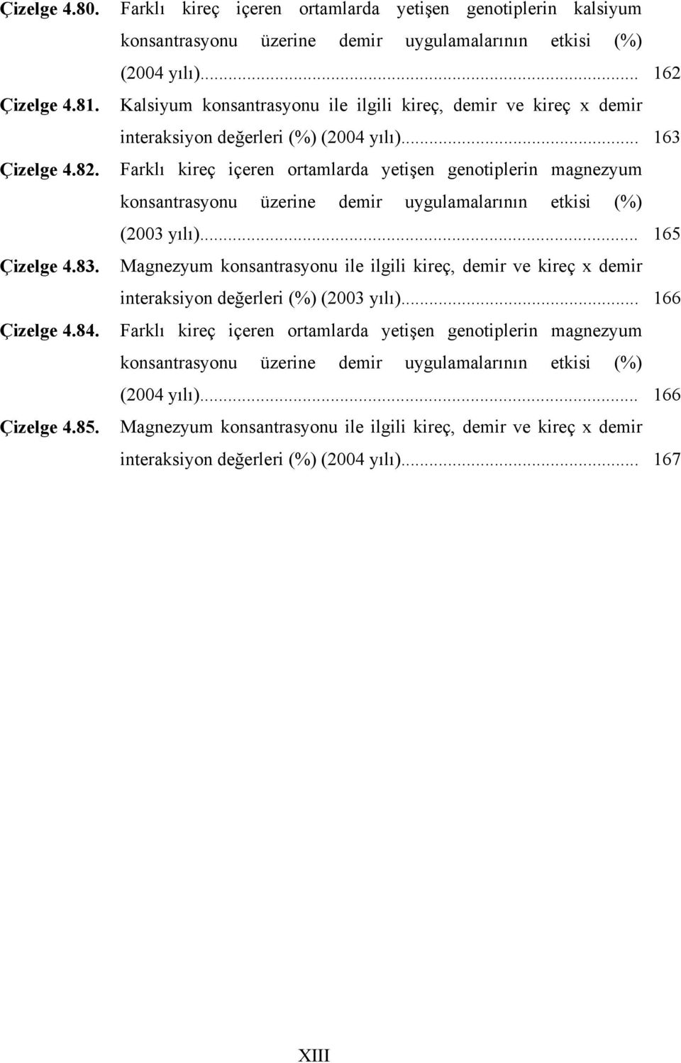 .. 162 Kalsiyum konsantrasyonu ile ilgili kireç, demir ve kireç x demir interaksiyon değerleri (%) (2004 yılı).