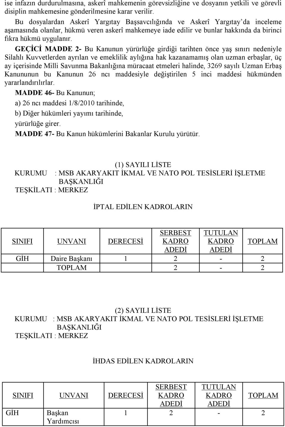 GEÇİCİ MADDE 2- Bu Kanunun yürürlüğe girdiği tarihten önce yaş sınırı nedeniyle Silahlı Kuvvetlerden ayrılan ve emeklilik aylığına hak kazanamamış olan uzman erbaşlar, üç ay içerisinde Milli Savunma