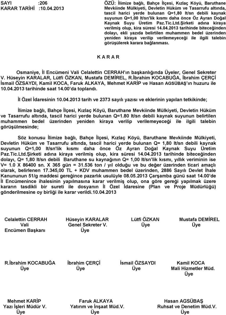 kısmı daha önce Öz Ayran Doğal Kaynak Suyu Üretim Paz.Tic.Ltd.Şirketi adına kiraya verilmiş olup, kira süresi 14.04.