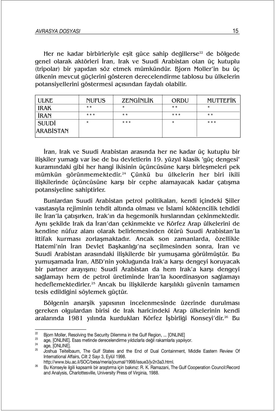 ULKE NUFUS ZENGİNLİK ORDU MUTTEFİK IRAK ** * ** * İRAN *** ** *** ** SUUDİ * *** * *** ARABİSTAN İran, Irak ve Suudi Arabistan arasında her ne kadar üç kutuplu bir ilişkiler yumağı var ise de bu