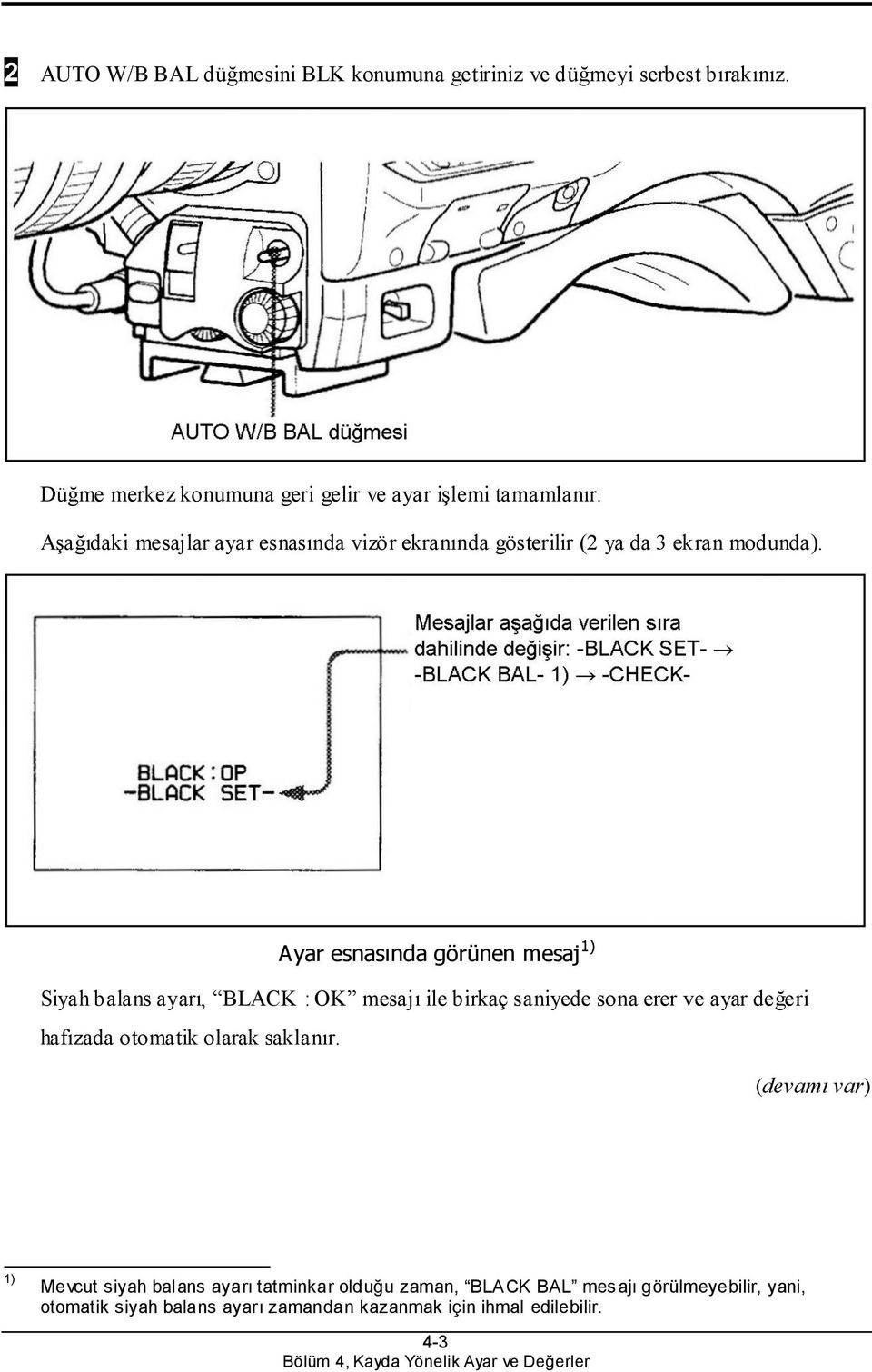 Ayar esnasında görünen mesaj 1) Siyah balans ayarı, BLACK : OK mesajı ile birkaç saniyede sona erer ve ayar değeri hafızada otomatik