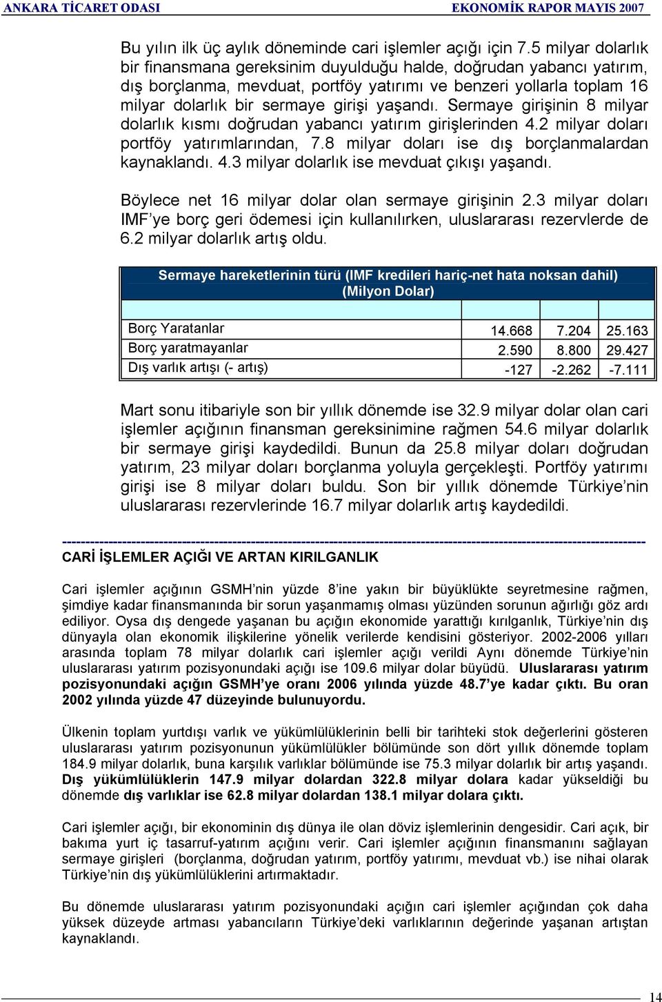 yaşandõ. Sermaye girişinin 8 milyar dolarlõk kõsmõ doğrudan yabancõ yatõrõm girişlerinden 4.2 milyar dolarõ portföy yatõrõmlarõndan, 7.8 milyar dolarõ ise dõş borçlanmalardan kaynaklandõ. 4.3 milyar dolarlõk ise mevduat çõkõşõ yaşandõ.