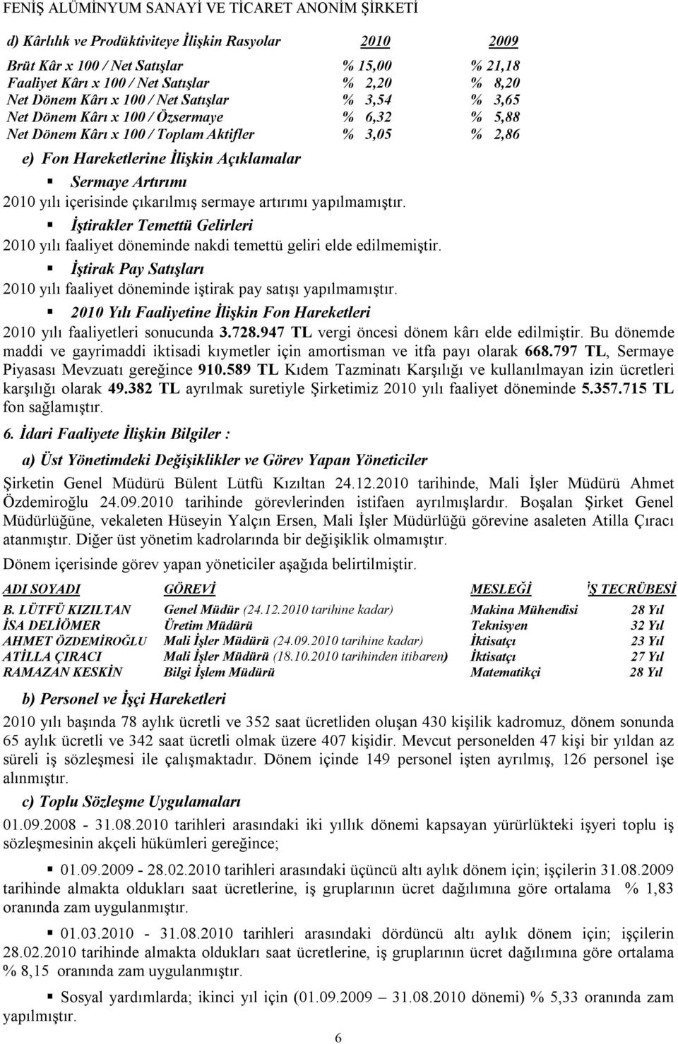 sermaye artırımı yapılmamıştır. İştirakler Temettü Gelirleri 2010 yılı faaliyet döneminde nakdi temettü geliri elde edilmemiştir.