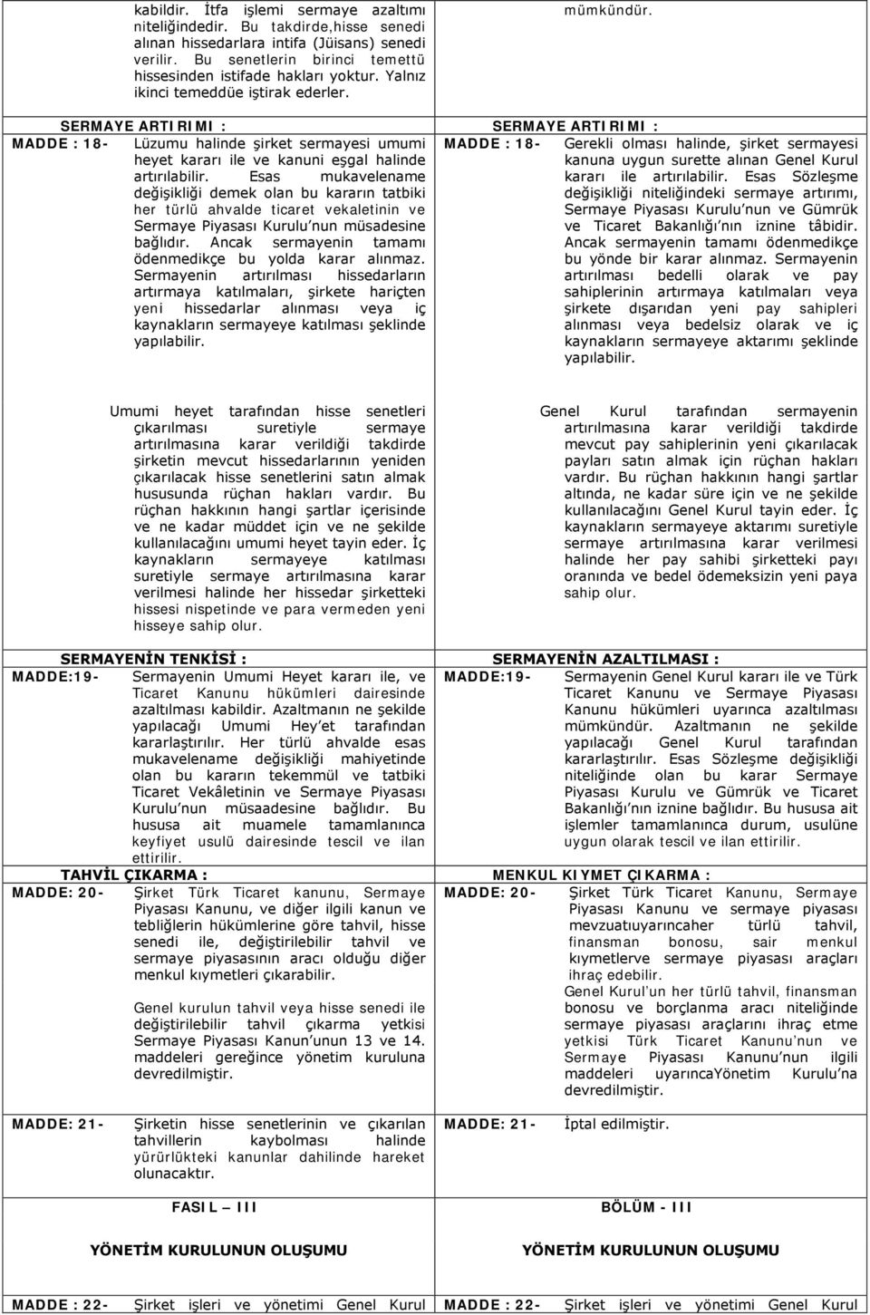 SERMAYE ARTIRIMI : SERMAYE ARTIRIMI : MADDE : 18- Lüzumu halinde şirket sermayesi umumi heyet kararı ile ve kanuni eşgal halinde MADDE : 18- Gerekli olması halinde, şirket sermayesi kanuna uygun