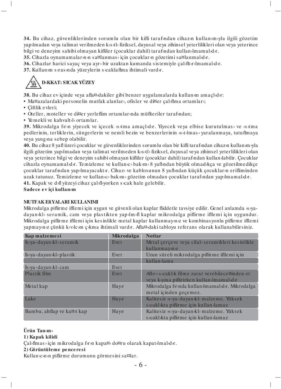 Cihazlar harici sayaç veya ayr bir uzaktan kumanda sistemiyle çal flt r lmamal d r. 37. Kullan m s ras nda yüzeylerin s caklaflma ihtimali vard r. D KKAT: SICAK YÜZEY 38.