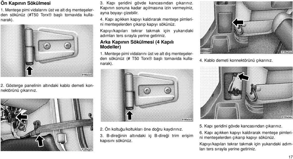 Kap y /kap lar tekrar takmak için yukar daki ad mlar ters s rayla yerine getiriniz. Arka Kap n n Sökülmesi (4 Kap l Modeller) 1.