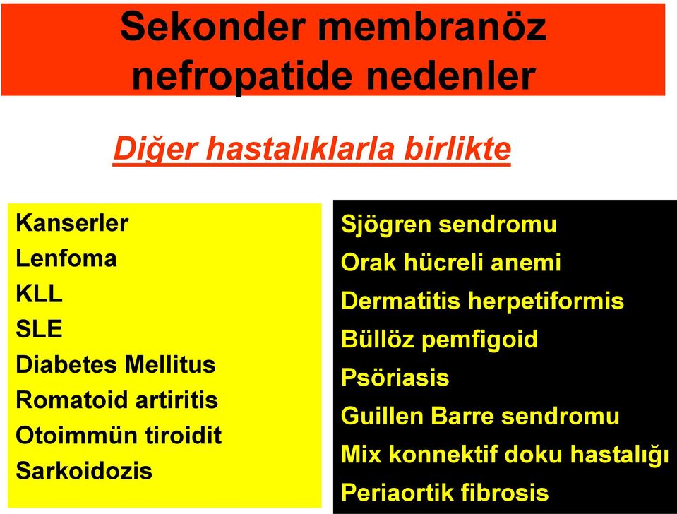 Sarkoidozis Sjögren sendromu Orak hücreli anemi Dermatitis herpetiformis Büllöz