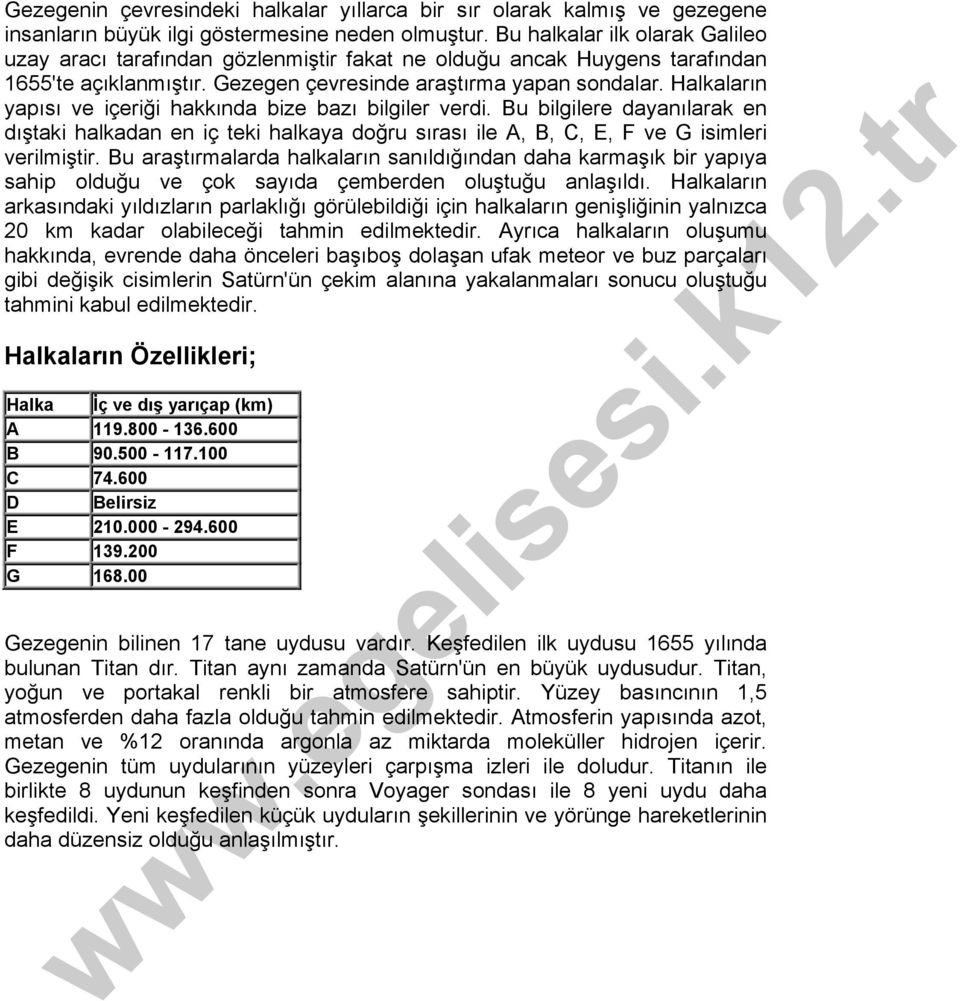 Halkaların yapısı ve içeriği hakkında bize bazı bilgiler verdi. Bu bilgilere dayanılarak en dıştaki halkadan en iç teki halkaya doğru sırası ile A, B, C, E, F ve G isimleri verilmiştir.