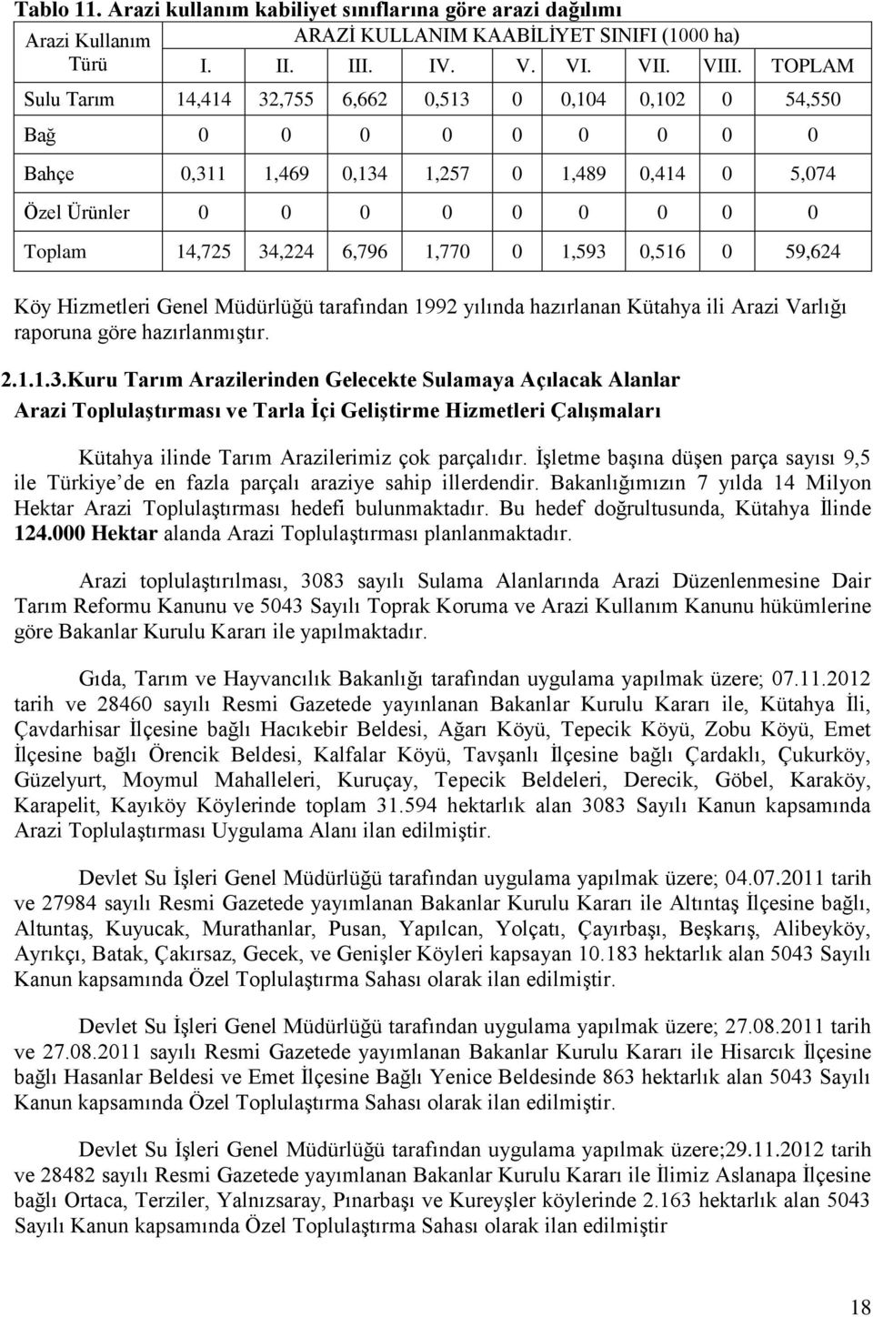 1,770 0 1,593 0,516 0 59,624 Köy Hizmetleri Genel Müdürlüğü tarafından 1992 yılında hazırlanan Kütahya ili Arazi Varlığı raporuna göre hazırlanmıştır. 2.1.1.3.Kuru Tarım Arazilerinden Gelecekte Sulamaya Açılacak Alanlar Arazi Toplulaştırması ve Tarla İçi Geliştirme Hizmetleri Çalışmaları Kütahya ilinde Tarım Arazilerimiz çok parçalıdır.