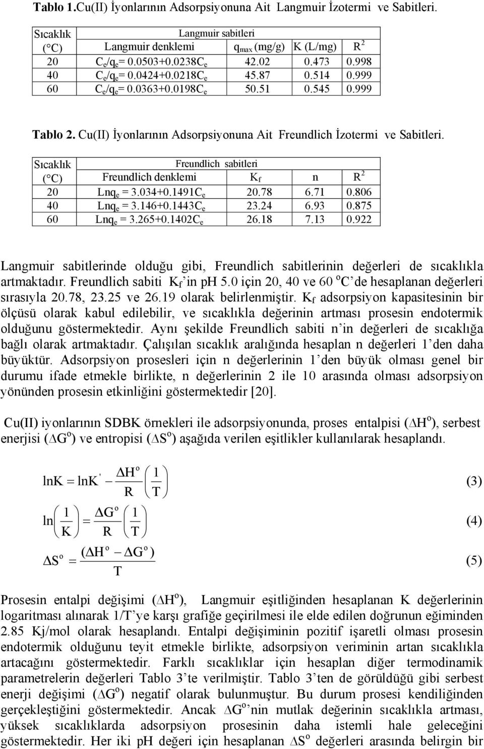 Sıcaklık Frundlich sabitlri ( C) Frundlich dnklmi K f n R 2 20 Lnq = 3.034+0.1491C 20.78 6.71 0.806 40 Lnq = 3.146+0.1443C 23.24 6.93 0.875 60 Lnq = 3.265+0.1402C 26.18 7.13 0.