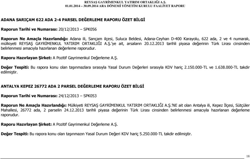 2013 tarihli piyasa değerinin Türk Lirası cinsinden belirlenmesi amacıyla hazırlanan değerleme raporudur.