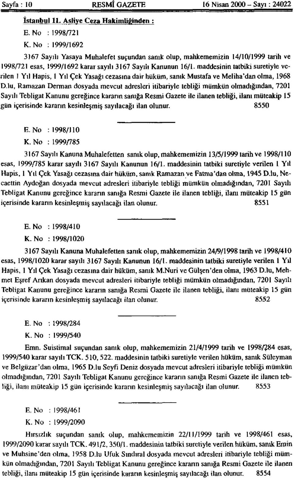 maddesinin tatbiki suretiyle verilen 1 Yıl Hapis, 1 Yıl Çek Yasağı cezasına dair hüküm, sanık Mustafa ve Meliha'dan olma, 1968 D.