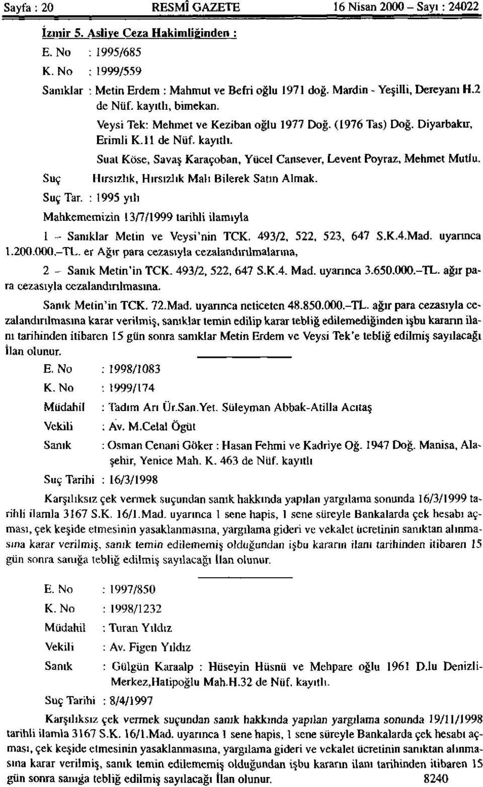 Hırsızlık, Hırsızlık Malı Bilerek Satın Almak. Mahkememizin 13/7/1999 tarihli ilamıyla 1 - Sanıklar Metin ve Veysi'nin TCK. 493/2, 522, 523, 647 S.KAMad. uyarınca 1.200.000.-TL.