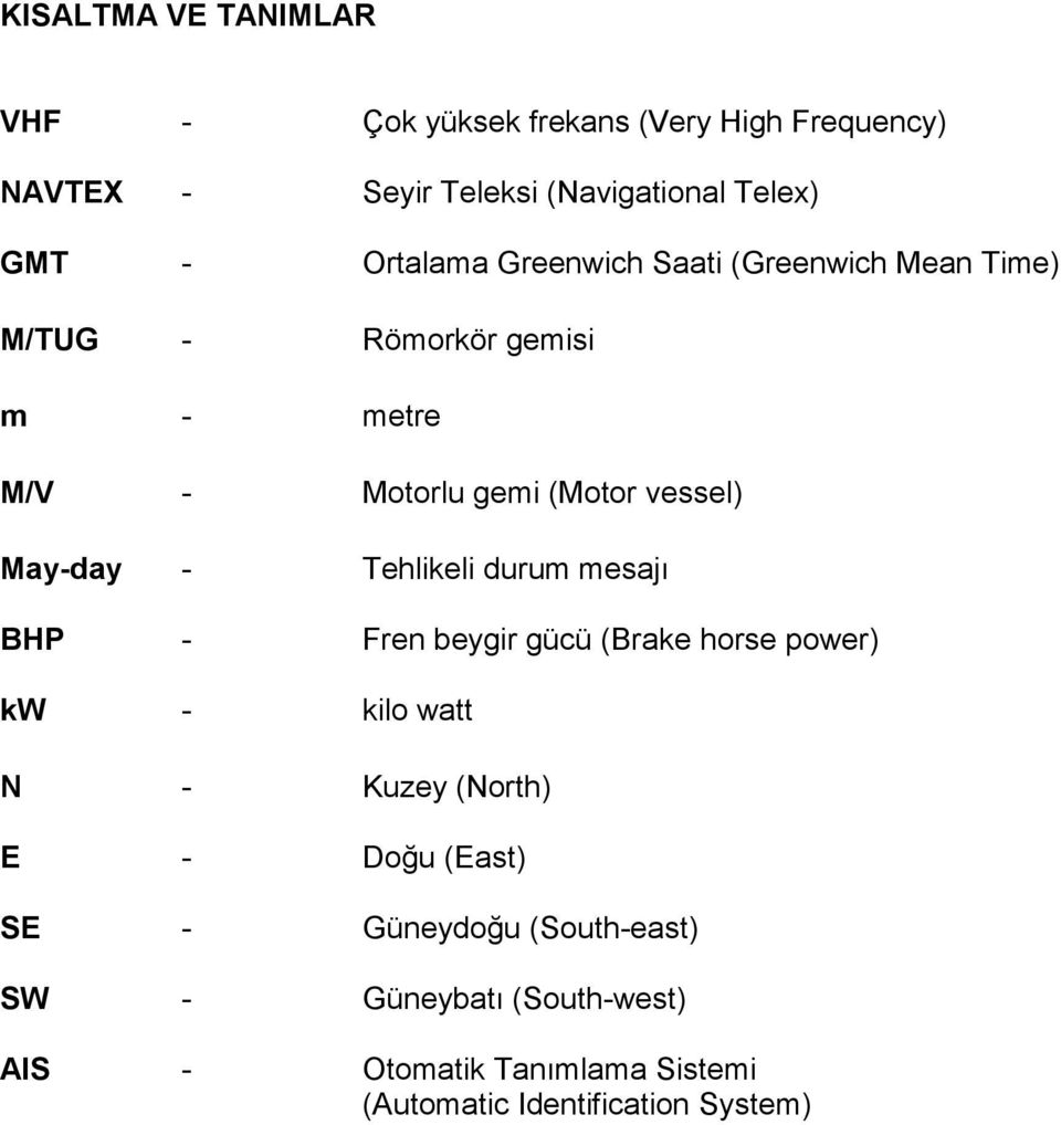 May-day - Tehlikeli durum mesajı BHP - Fren beygir gücü (Brake horse power) kw - kilo watt N - Kuzey (North) E - Doğu