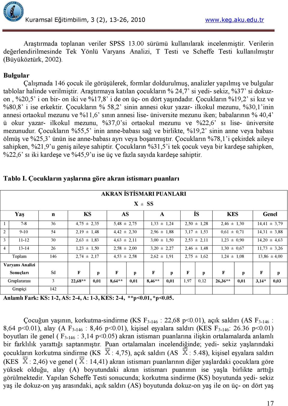 Araştırmaya katılan çocukların % 24,7 si yedi- sekiz, %37 si dokuzon, %20,5 i on bir- on iki ve %17,8 i de on üç- on dört yaşındadır. Çocukların %19,2 si kız ve %80,8 i ise erkektir.