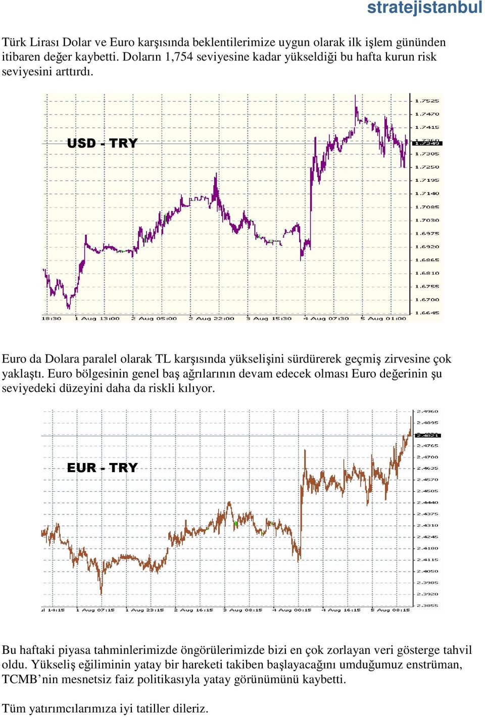 USD - TRY Euro da Dolara paralel olarak TL karşısında yükselişini sürdürerek geçmiş zirvesine çok yaklaştı.